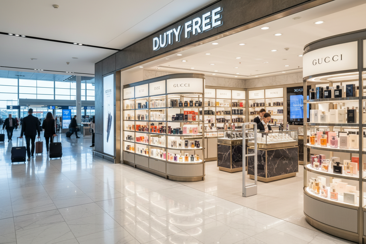 A luxury duty-free perfume store inside an international airport, with elegant glass shelves full of premium fragrance bottles, bright modern lighting, travelers walking in the background with luggage, large “Duty Free” signage, a clean and sophisticated atmosphere, high-end brands displayed, cinematic lighting, realistic style, wide banner composition, 4K quality, commercial advertising look.